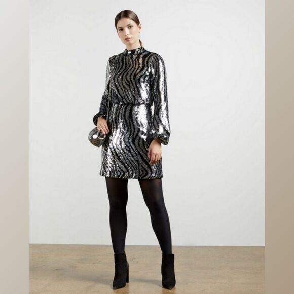TED BAKER Sequin Mini Dress Animal Striped Print Mock Neck LS Silver Sz 0-2 / XS - Picture 5 of 15